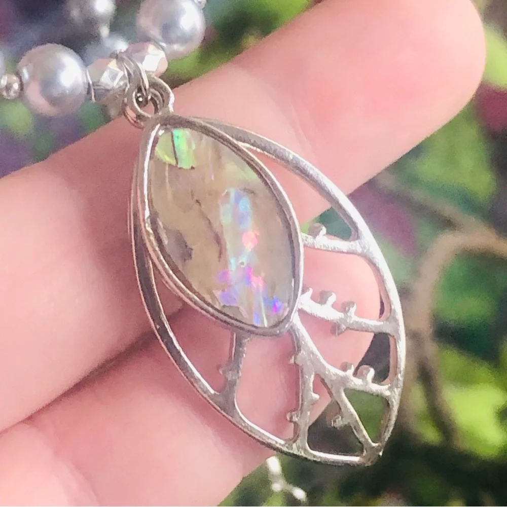 Handcrafted repurpose abalone shell botanical pendant Czech glass Pearl necklace